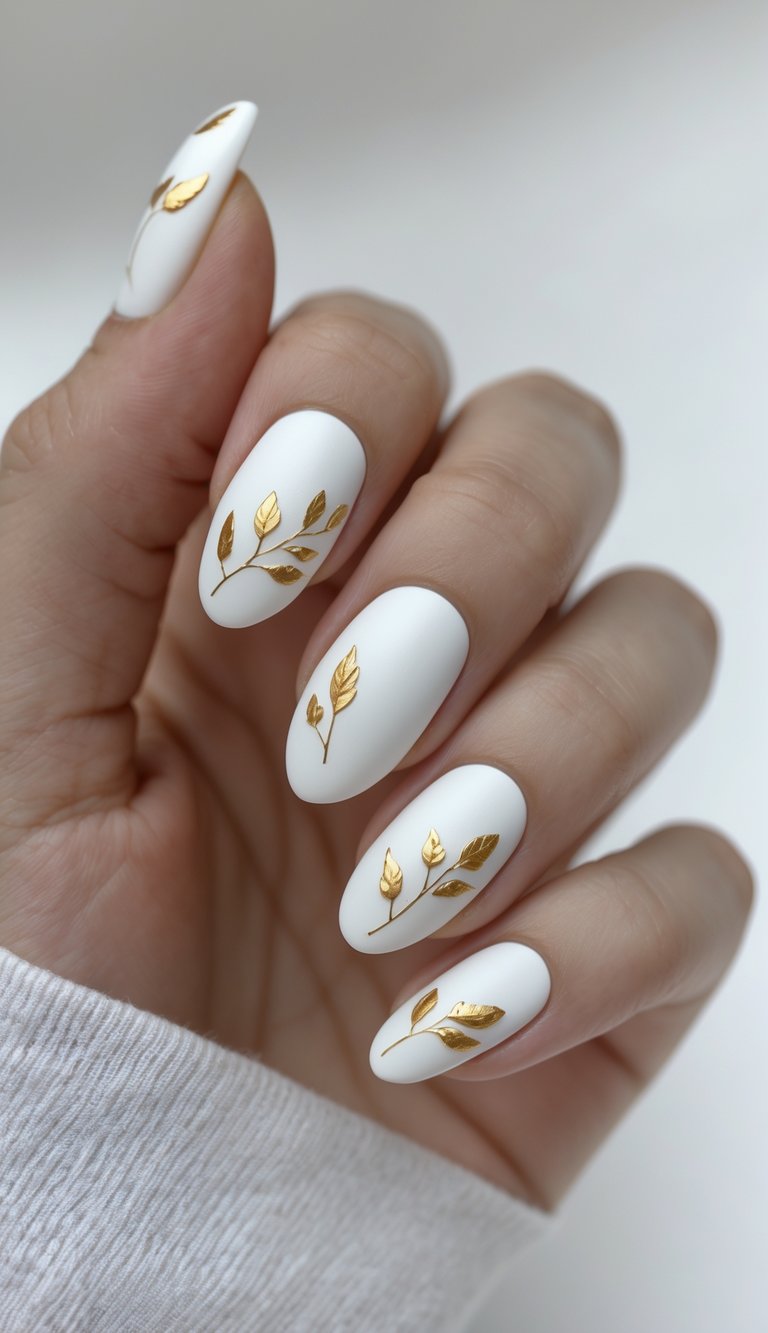 A hand featuring matte white nails shaped in a rounded almond style, each nail adorned with finely detailed gold foil botanical designs for a modern, earthy-luxe look.