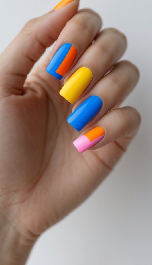 An expressive square nail art idea on a hand, designed with off-center blocks in vivid pink, yellow, blue, and orange tones, creating a fresh and youthful nail look.