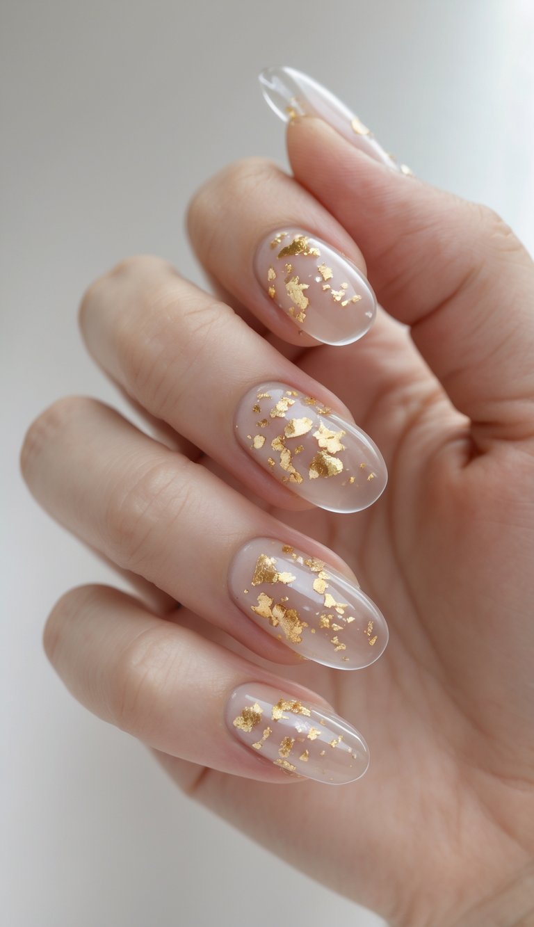 Close-up of transparent nude nails with a glossy finish, featuring fine scattered gold foil pieces that create a chic, modern gold-flake effect on each tip.