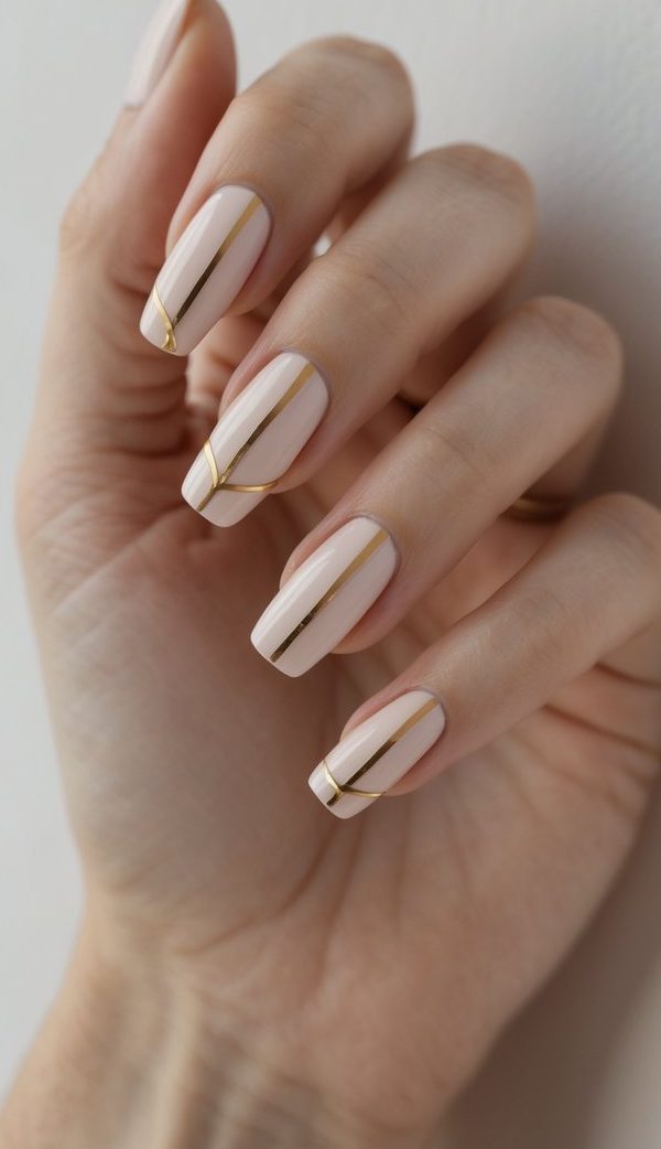 Close-up of square nail art idea featuring nude-pink polish with smooth, curving and vertical gold accents that add a modern edge to a minimal design.