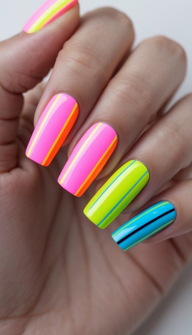 Close-up of one hand with square-shaped nails featuring bright neon striped nail art on a white background.