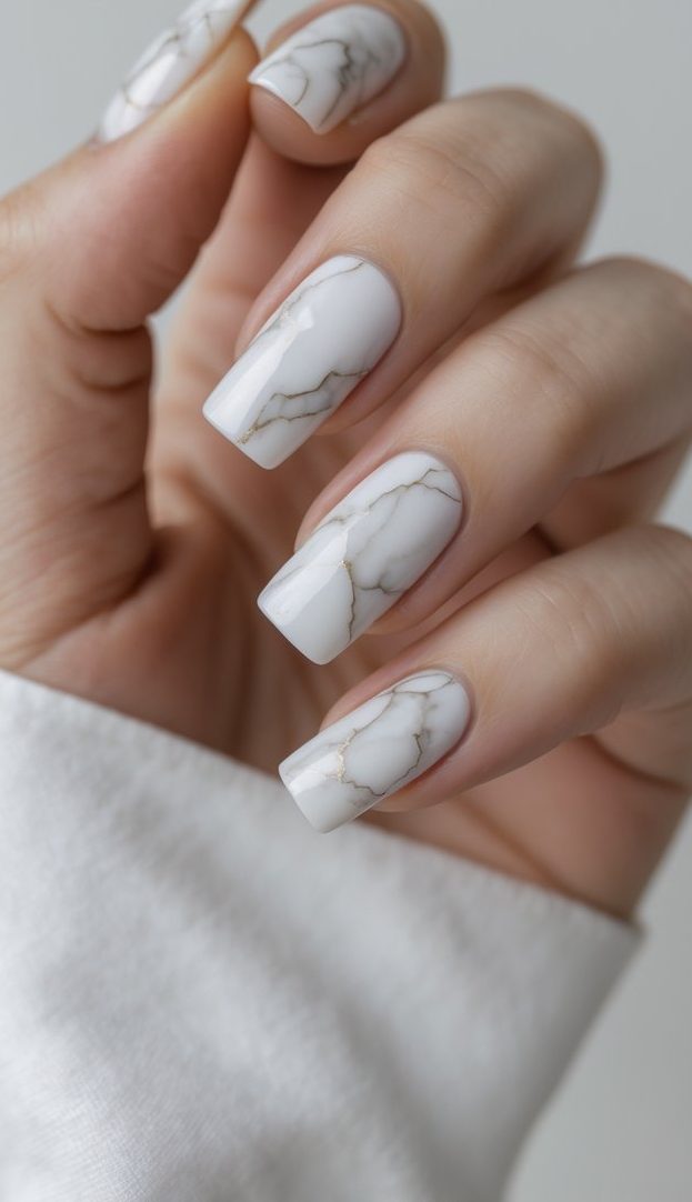 Close-up of a hand showing a square nail art idea with a white glossy base, subtle marble swirls, and thin gold veining for an understated luxury finish.