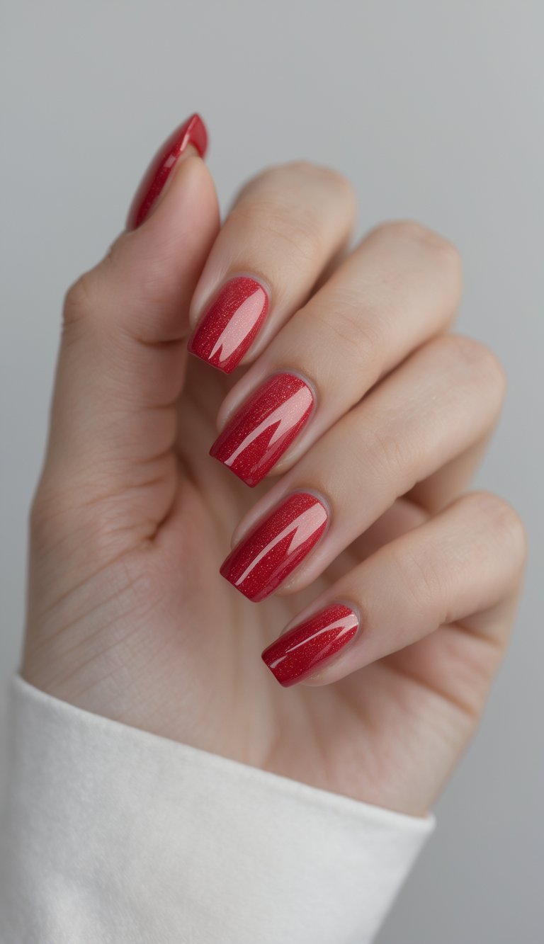 Close-up of a square nail art idea on a hand, featuring rich ruby red polish with micro-shimmer that adds a subtle glow to the glossy finish.