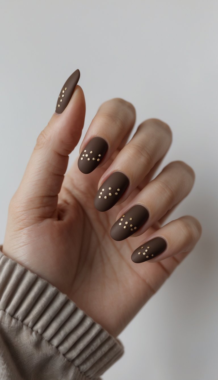 A hand with rounded matte brown nails, each one decorated with evenly spaced gold dot clusters near the center, creating a chic and modern dotted design.