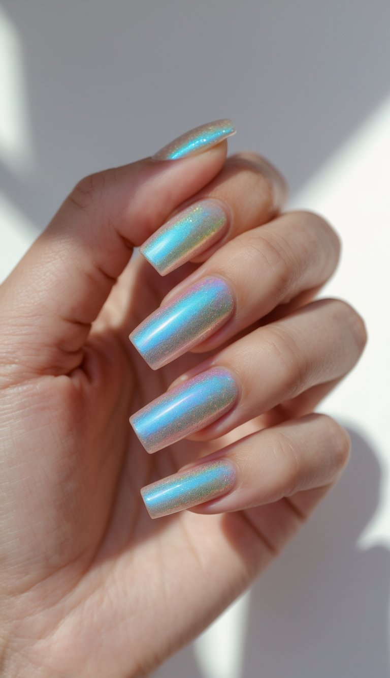 Close-up of a hand with a square nail art idea featuring blue chrome-like polish that reflects holographic tones of pink, gold, and aqua under sunlight.