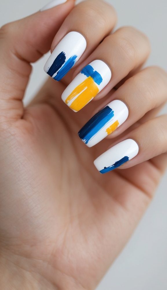 Close-up of a square nail art idea on a hand, with bright white nails detailed by abstract vertical and horizontal strokes in blue and yellow shades.