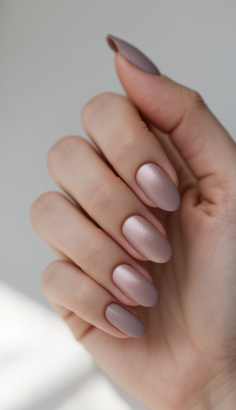 Fingertips with rounded nails alternating between matte and soft-shimmer finishes in cool rose-mauve tones, creating a sophisticated and texturally rich manicure.