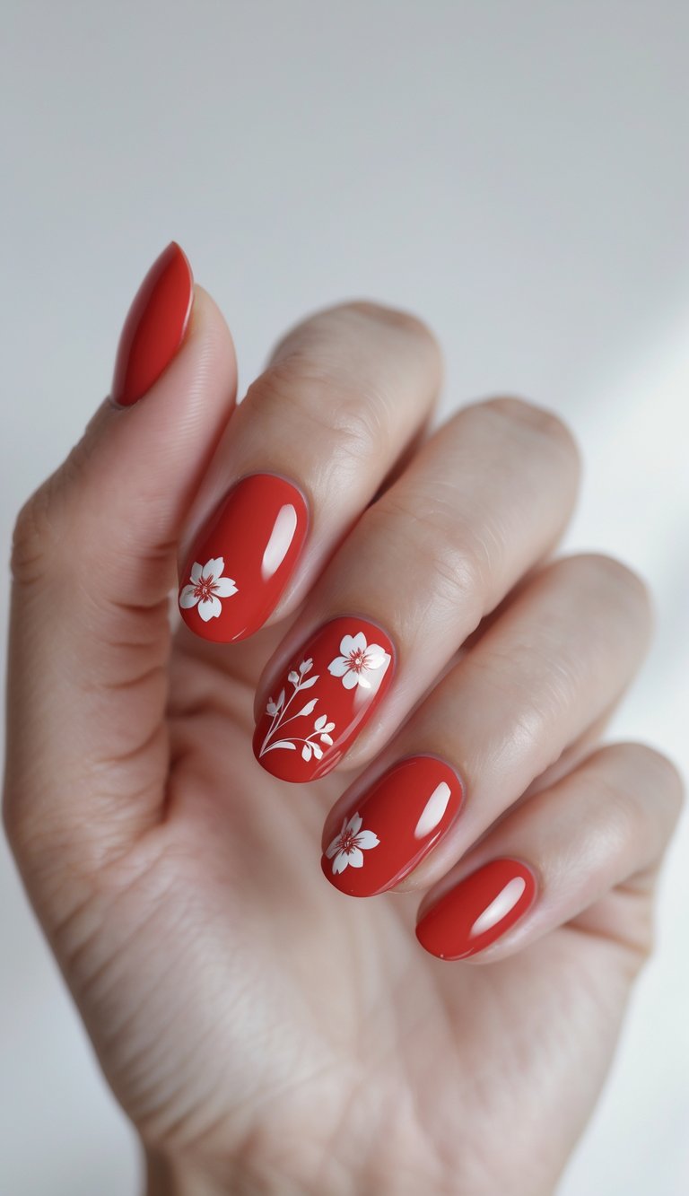 Fingers shown with shiny round nails painted in bright red, three of which are decorated with dainty white flower motifs placed near the cuticle or center.
