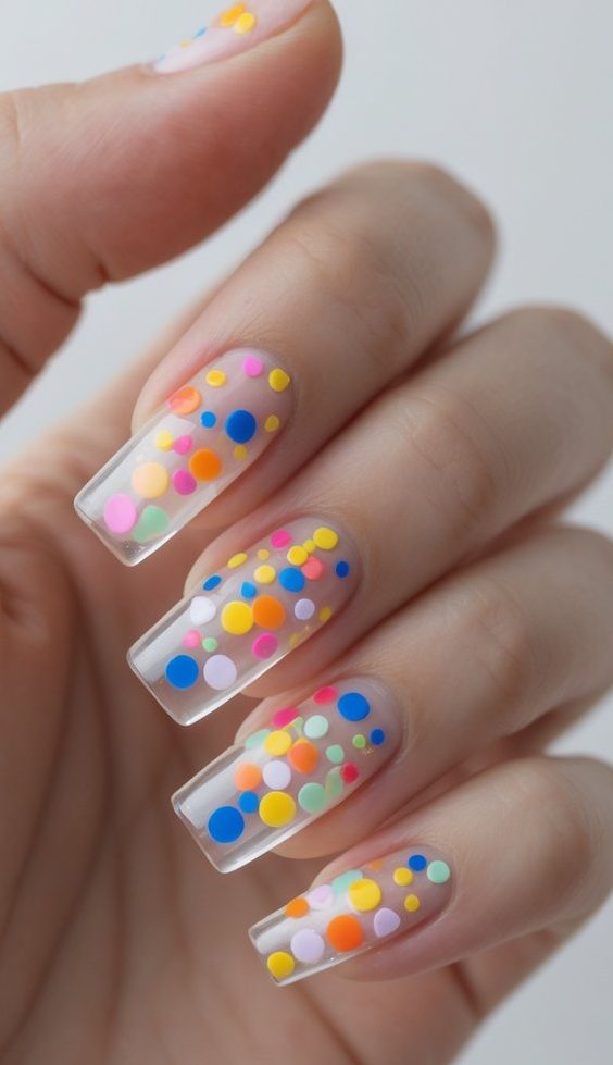 Close-up of a square nail art idea on a hand, showcasing a clear polish base covered with multicolored circular dots in vibrant shades like blue, pink, yellow, and orange.