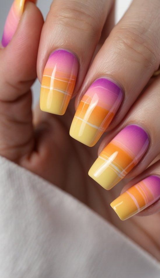 Close-up of a square nail art idea with bright ombré colors from purple to orange to yellow, topped with fine white line details over glossy polish.
