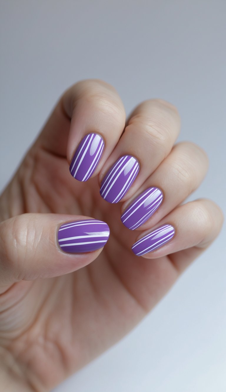 A hand with rounded nails painted in a vibrant purple shade, each nail decorated with clean, evenly spaced vertical white lines for a minimalist striped design.