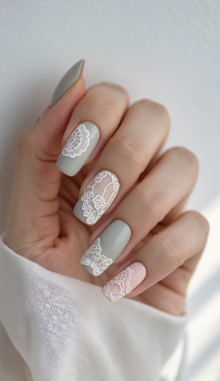 Close-up of a square nail art idea on a hand, showing pale pink and sage nails decorated with delicate white lace designs resembling fine embroidery.