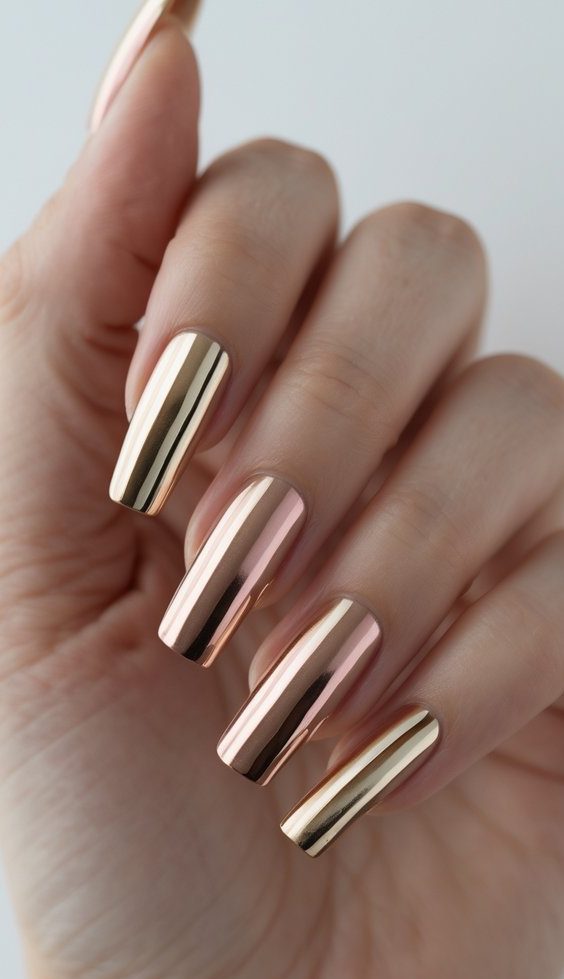 Close-up of a square nail art idea on a hand with long, ultra-glossy nails in a rose gold chrome polish that mimics metallic jewelry.