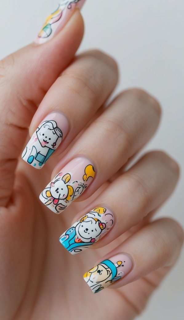 Close-up of a square nail art idea on a hand, showing pink base nails decorated with fun cartoon-style animal faces, balloons, and bright line-art in blue, yellow, and orange.