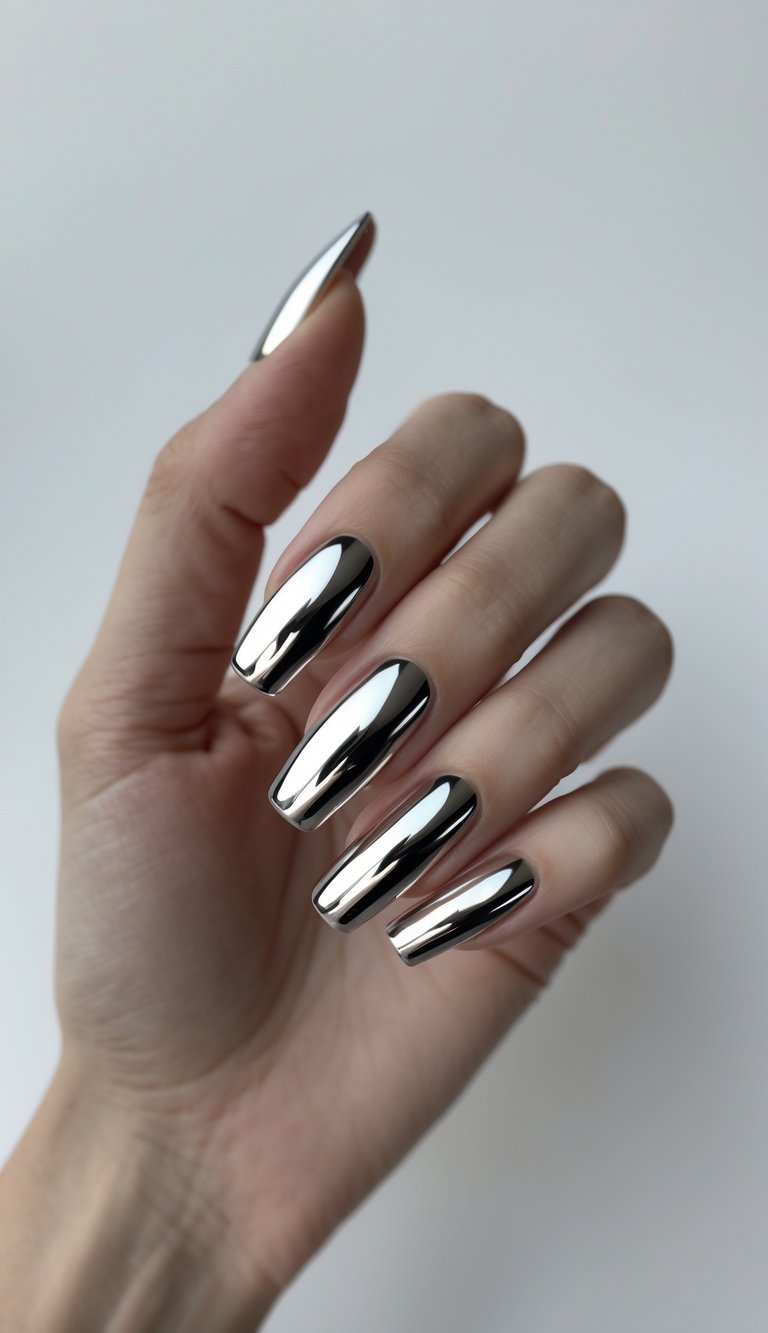 A hand featuring a square nail art idea with ultra-glossy silver chrome polish, creating a highly reflective, mirror-like metallic surface across all nails.