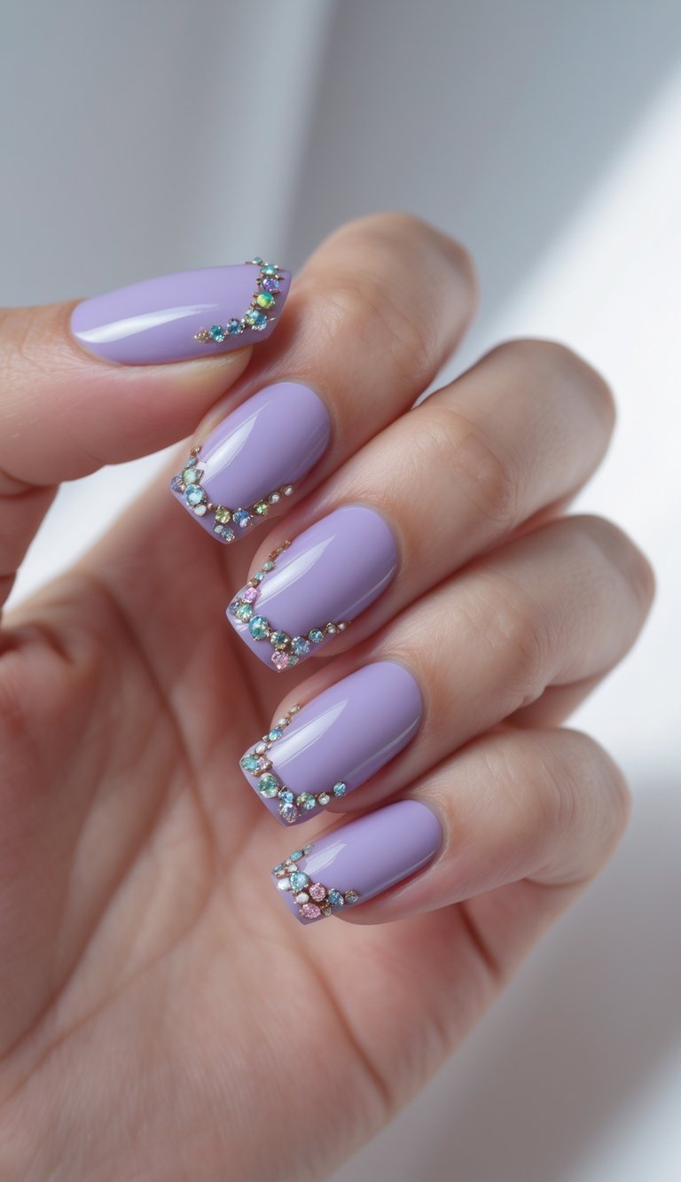 Square nail art idea shown on a hand with glossy lavender nails, accented by curving lines of tiny multicolor crystals near the edges for a luxe, feminine finish.