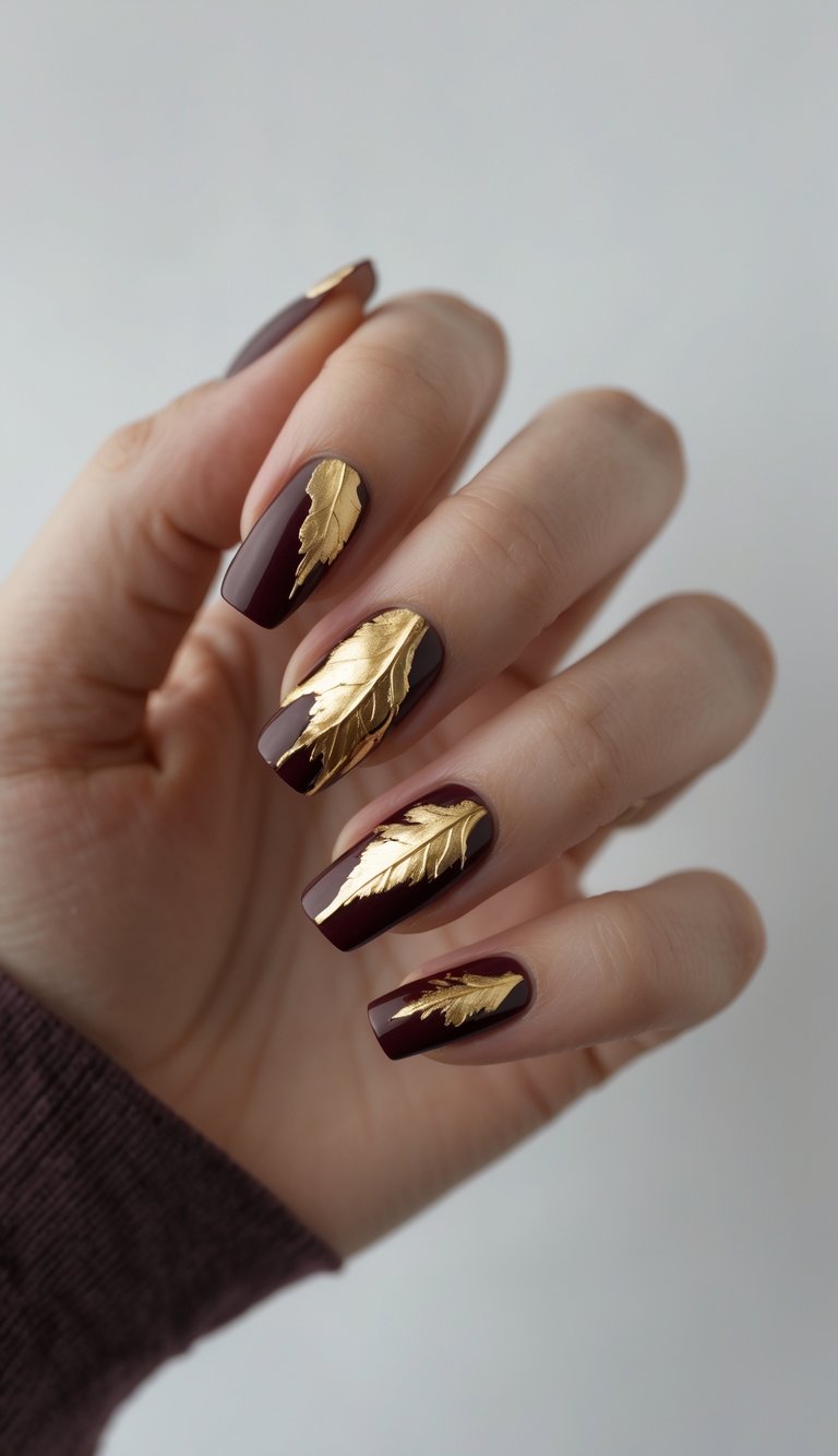 Close-up of a square nail art idea on a hand with glossy burgundy nails, each embellished with large gold foil leaf shapes for an artistic, high-glam look.
