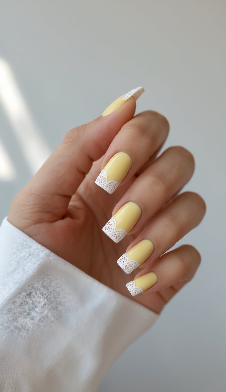 A hand featuring a square nail art idea with pastel yellow nails, each finished with crisp white lace-inspired French tips for a soft and elegant springtime look.
