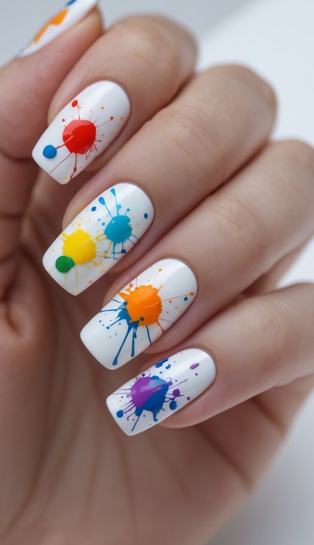 Square nail art idea shown on a hand with a clean white base, each nail decorated with multicolored paint splatters in a spontaneous, playful design.