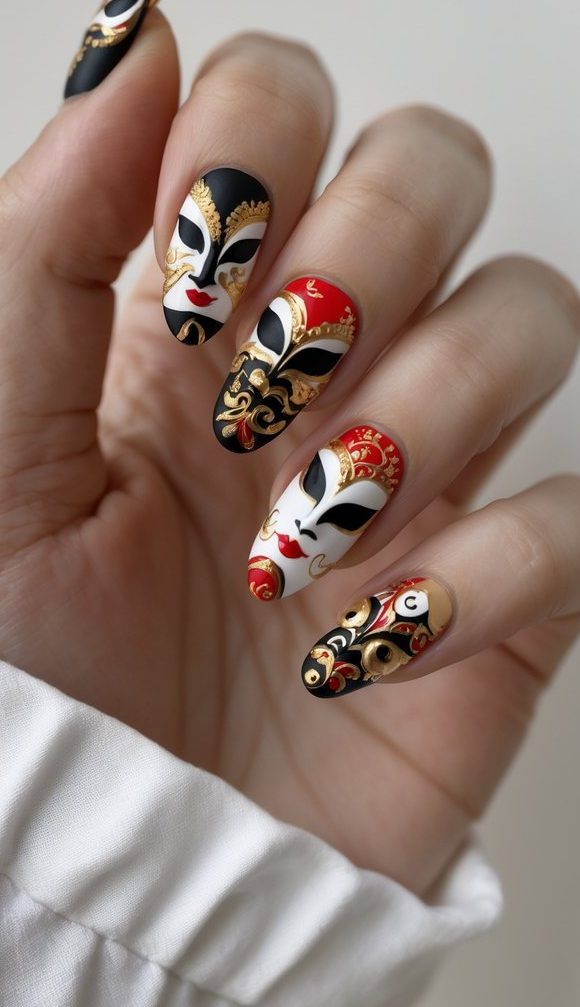 Close-up of hand with detailed opera-inspired mask faces on nails in red, white, black, and gold—a bold Chinese New Year nail art idea.