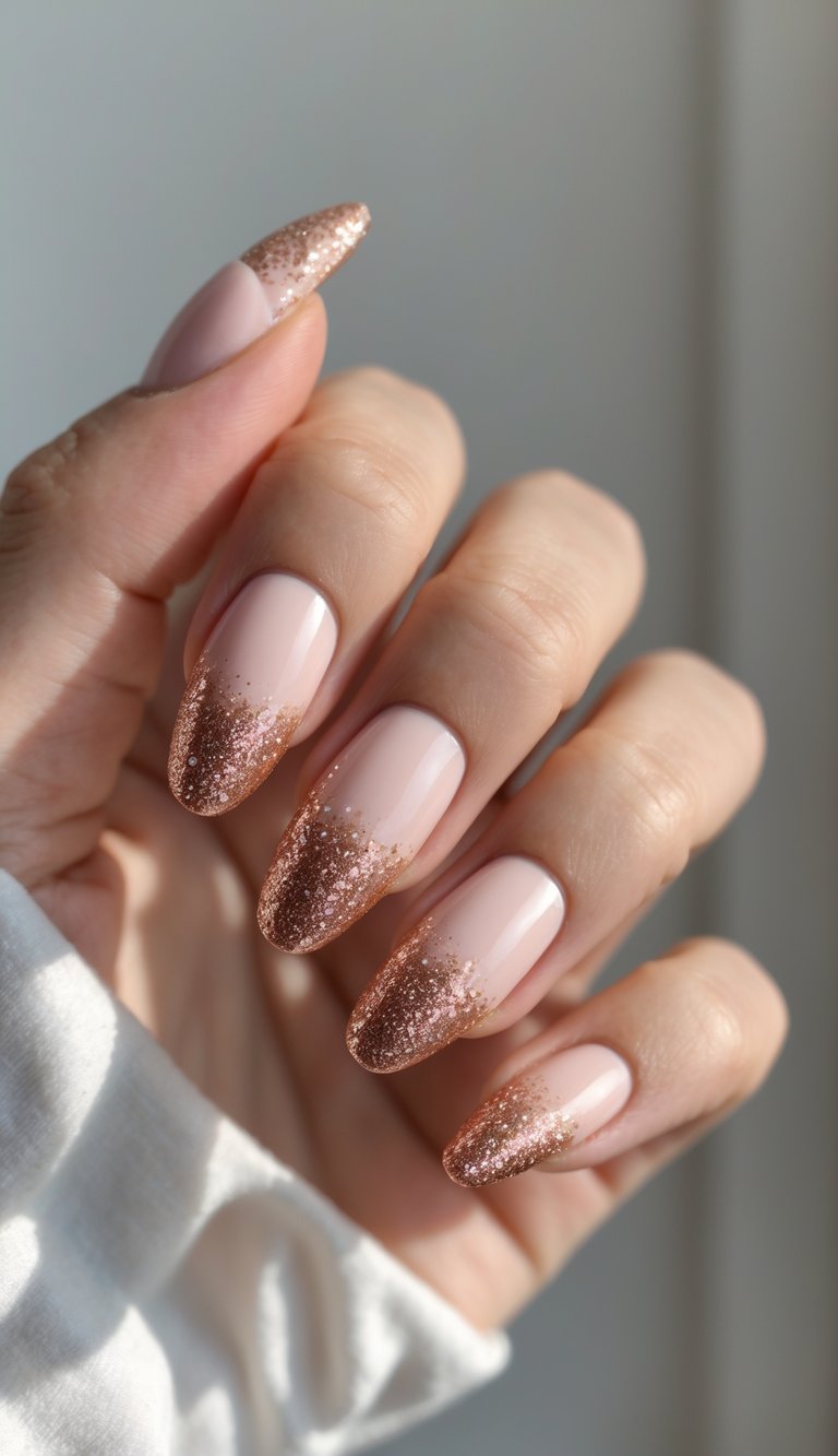 A close-up of a hand showing a refined anniversary nail art idea with nude-pink nails and rose gold glitter tips fading into a soft champagne shimmer.