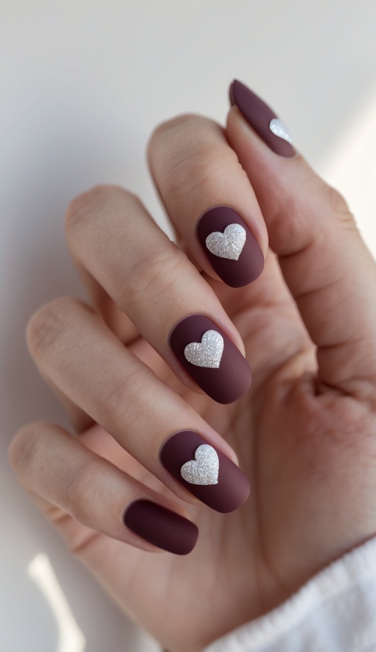 Close-up of a hand featuring a cute anniversary nail art idea with matte mauve nails and raised glittery white heart shapes at the center of each nail.