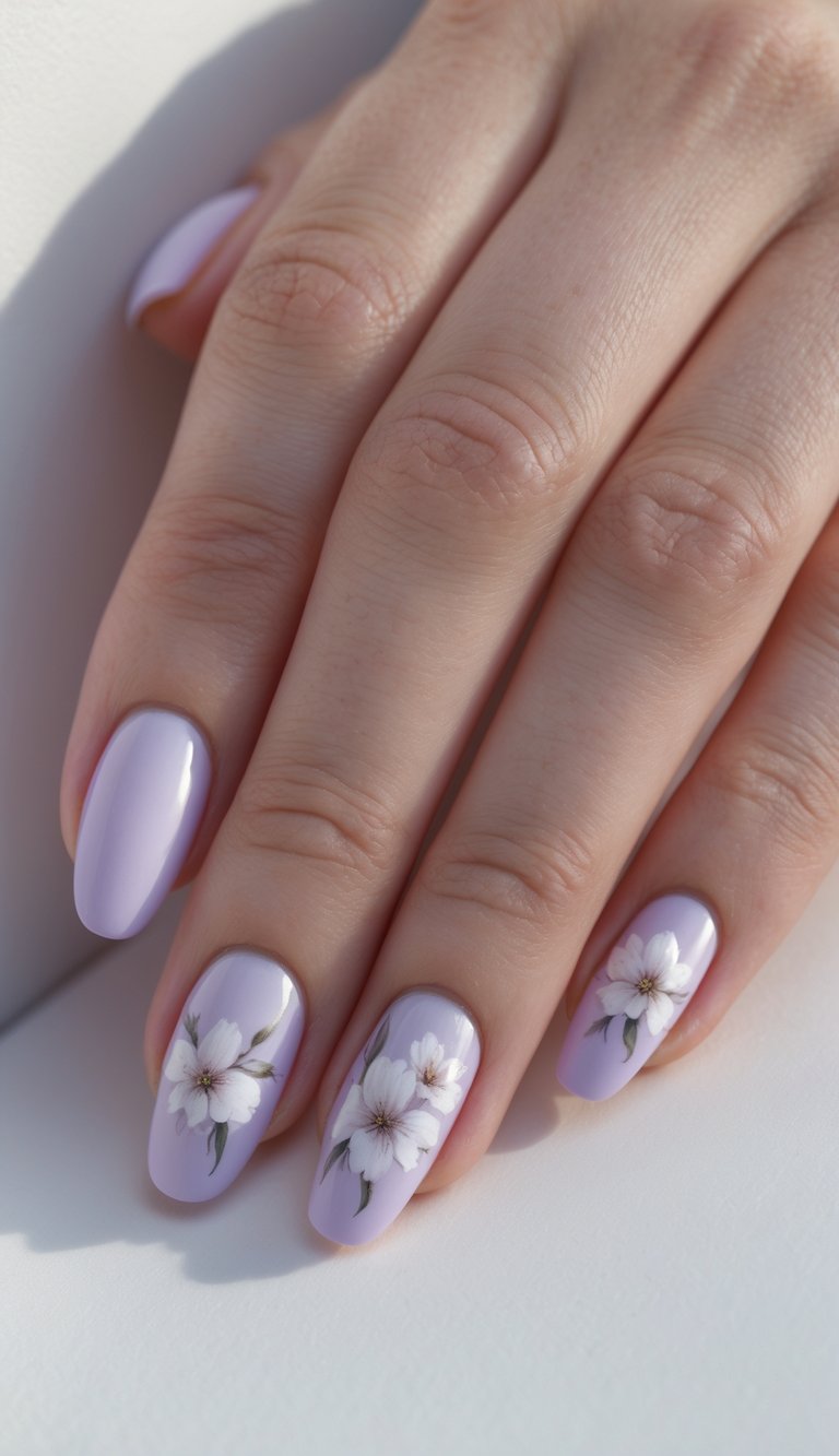 A soft hand rests with nails painted in gentle lavender, each adorned with delicate white blossoms, offering a whimsical and poetic anniversary nail art idea.