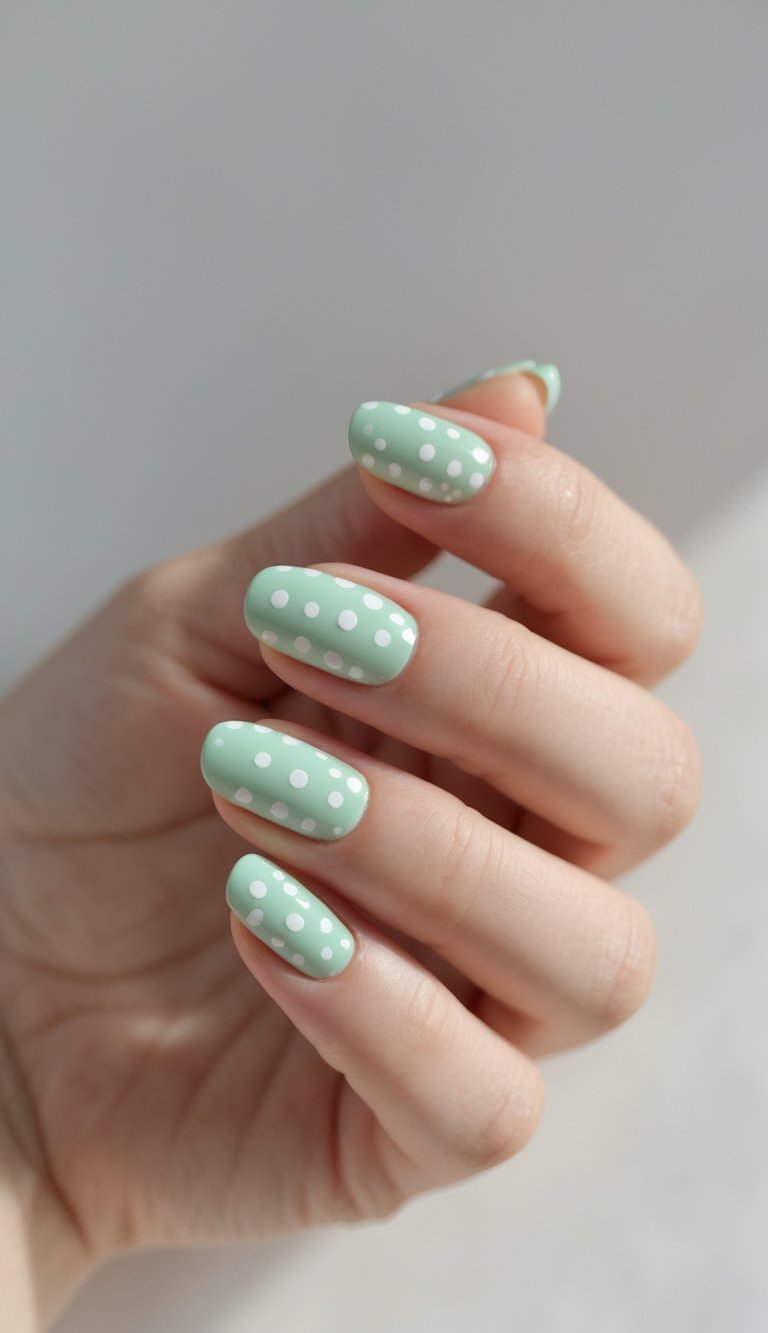 Close-up of a hand with soft mint green nails decorated with quirky white polka dots, showing a fresh and unique take on an anniversary nail art idea.