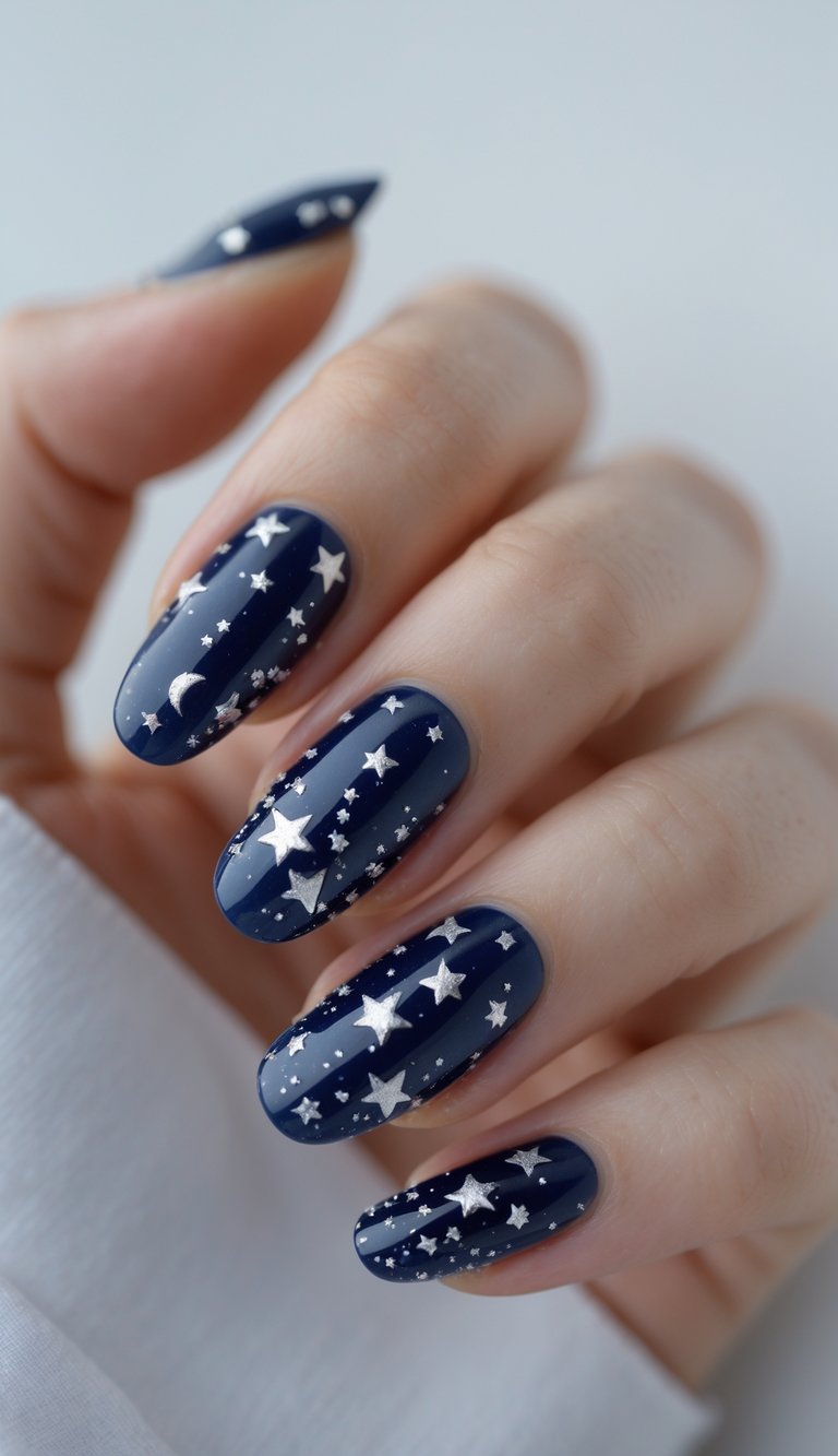 A dreamy anniversary nail art idea featuring navy blue nails adorned with silver stars and moons, giving a magical, starlit-sky effect on a hand in soft lighting.
