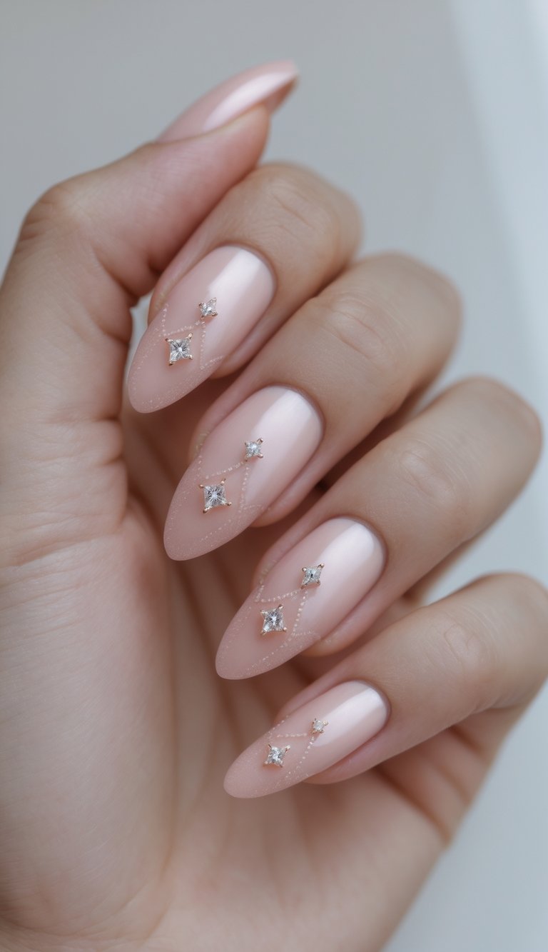 A luxury-inspired anniversary nail art idea with blush pink nails adorned with square-cut gems and dotted linework, creating a refined, gem-threaded look.