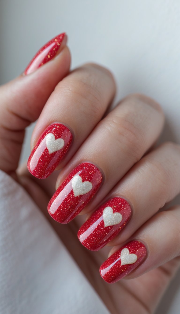 Close-up of a glamorous anniversary nail art idea with glitzy red nails and ivory shimmer hearts, adding romance and sparkle to every fingertip.