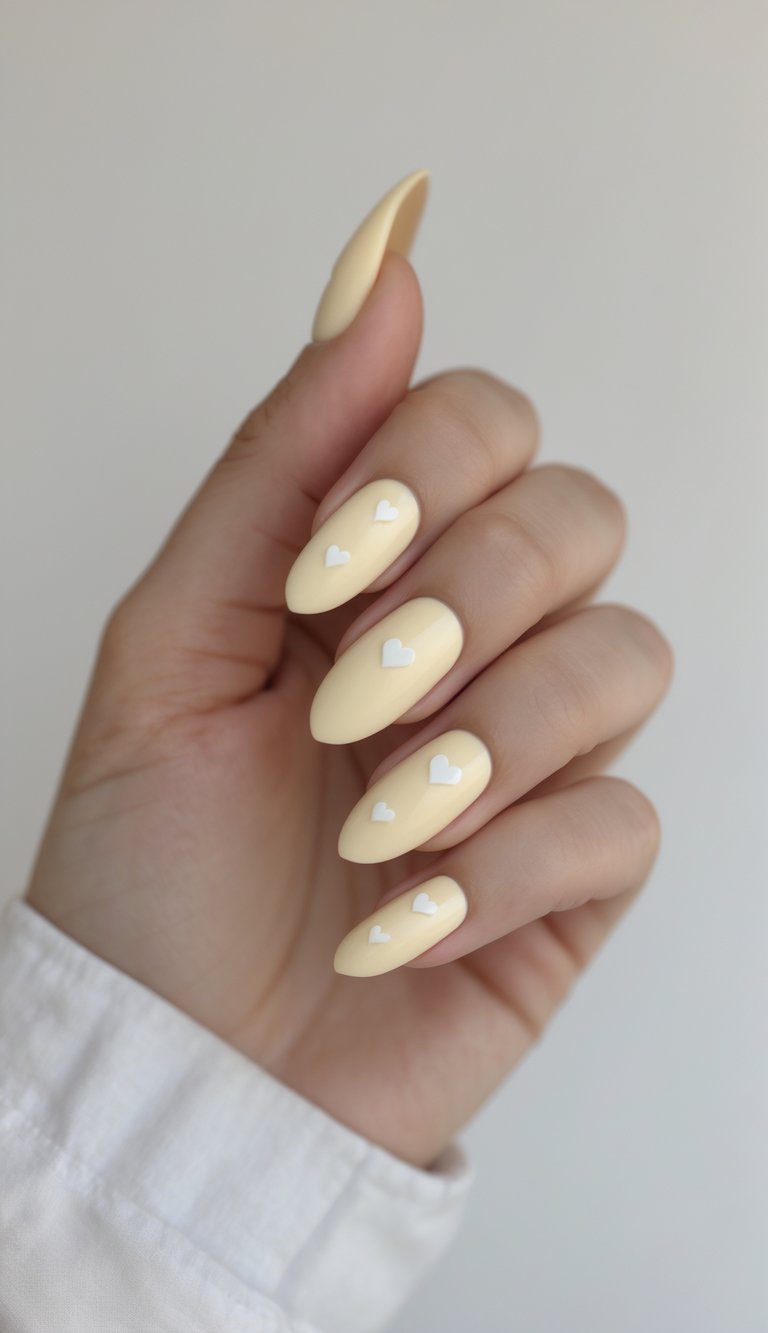Minimalist anniversary nail art idea featuring pale yellow nails with tiny white hearts on each finger, seen on a softly posed hand in a light background.