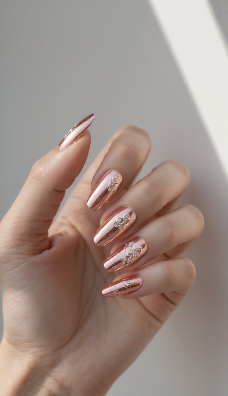 Bold anniversary nail art idea shown on a hand with reflective rose gold nails and ornate silver floral appliqués that give a dimensional, luxe effect.