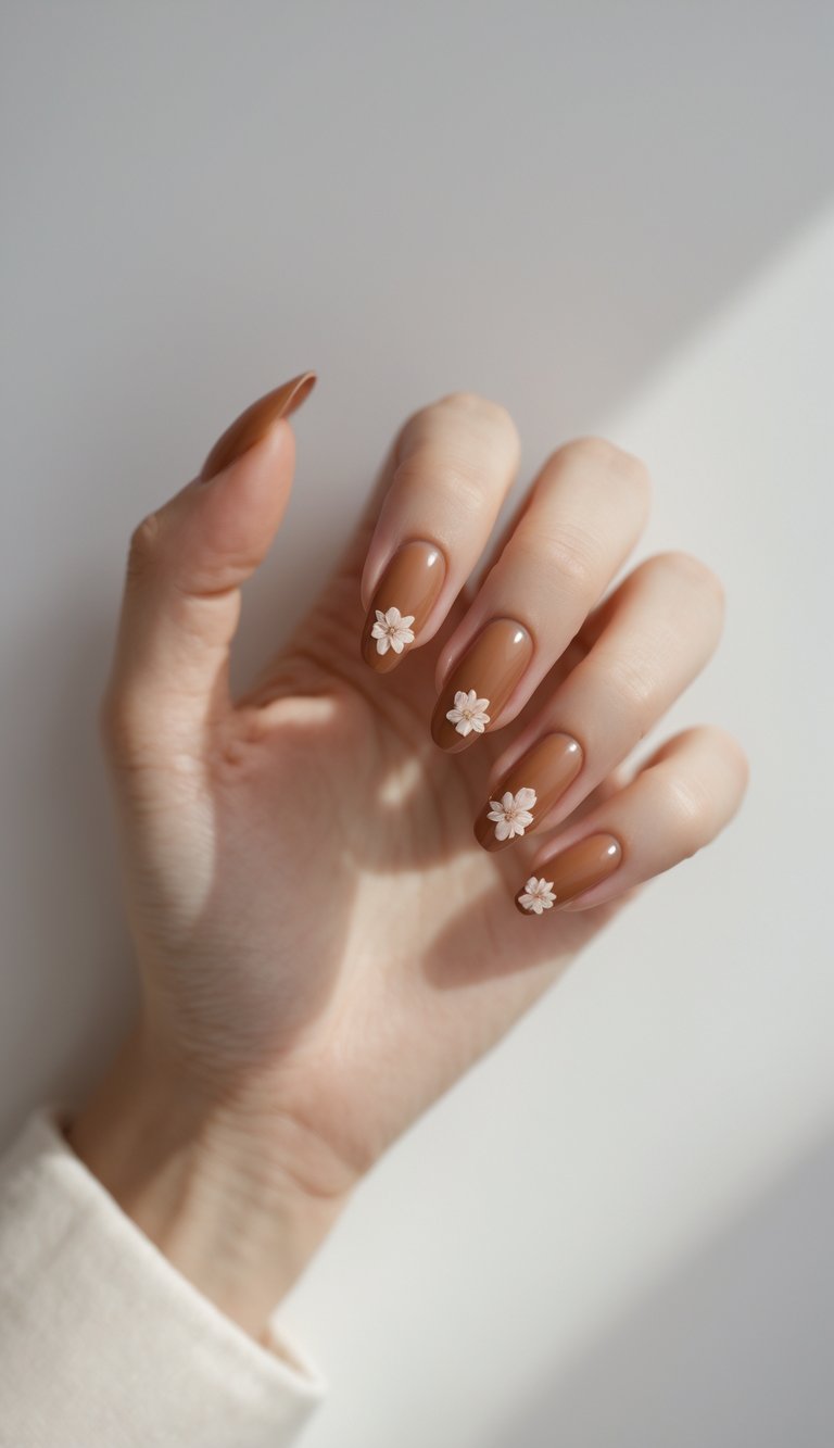 A feminine anniversary nail art idea featuring glossy caramel nails, each adorned with soft blush-pink flowers for an earthy and romantic look.