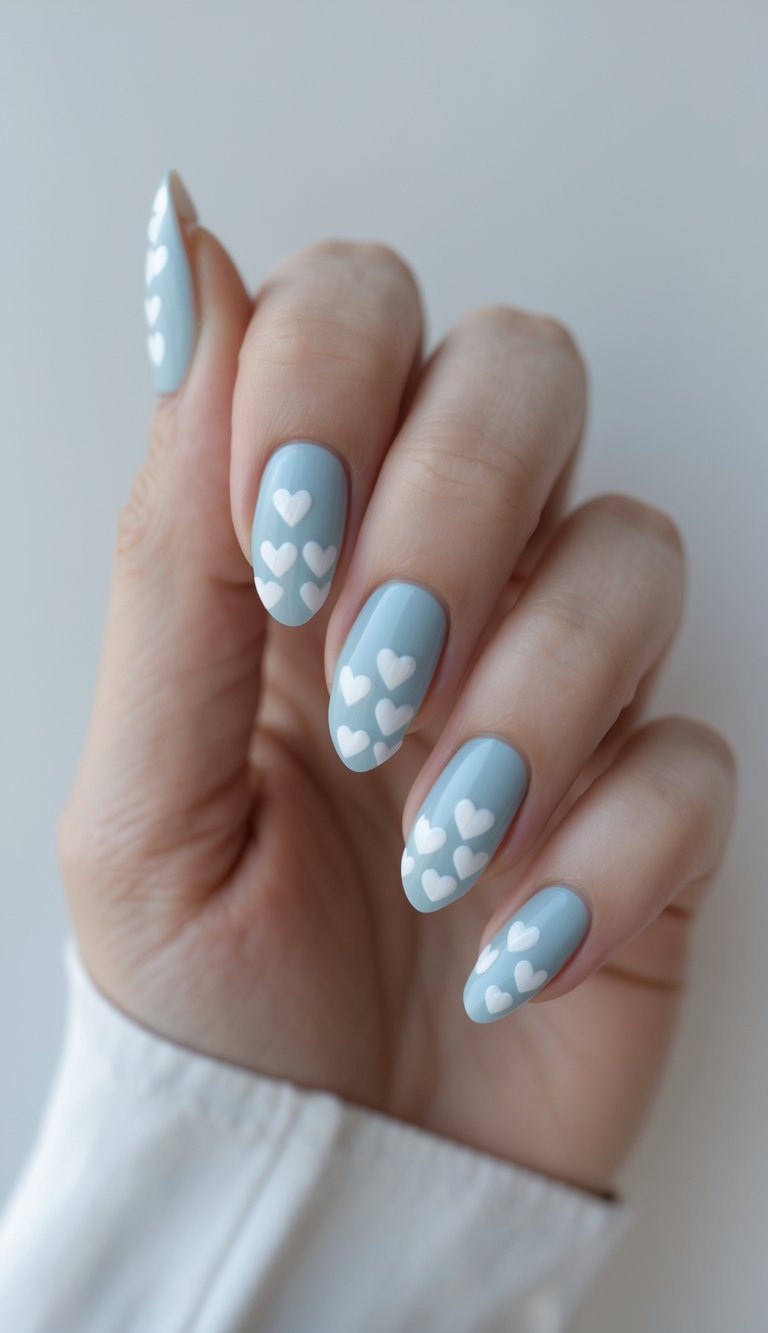 Close-up of a youthful anniversary nail art idea featuring medium-length pastel blue nails adorned with repeated white hearts, giving a fresh and airy feel.