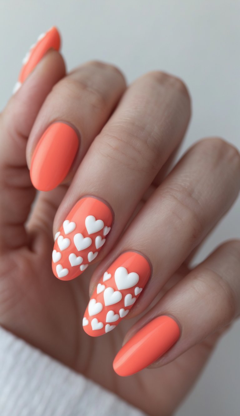 Statement anniversary nail art idea on almond-shaped neon coral nails, with raised white heart patterns that add cute dimension and playful charm.