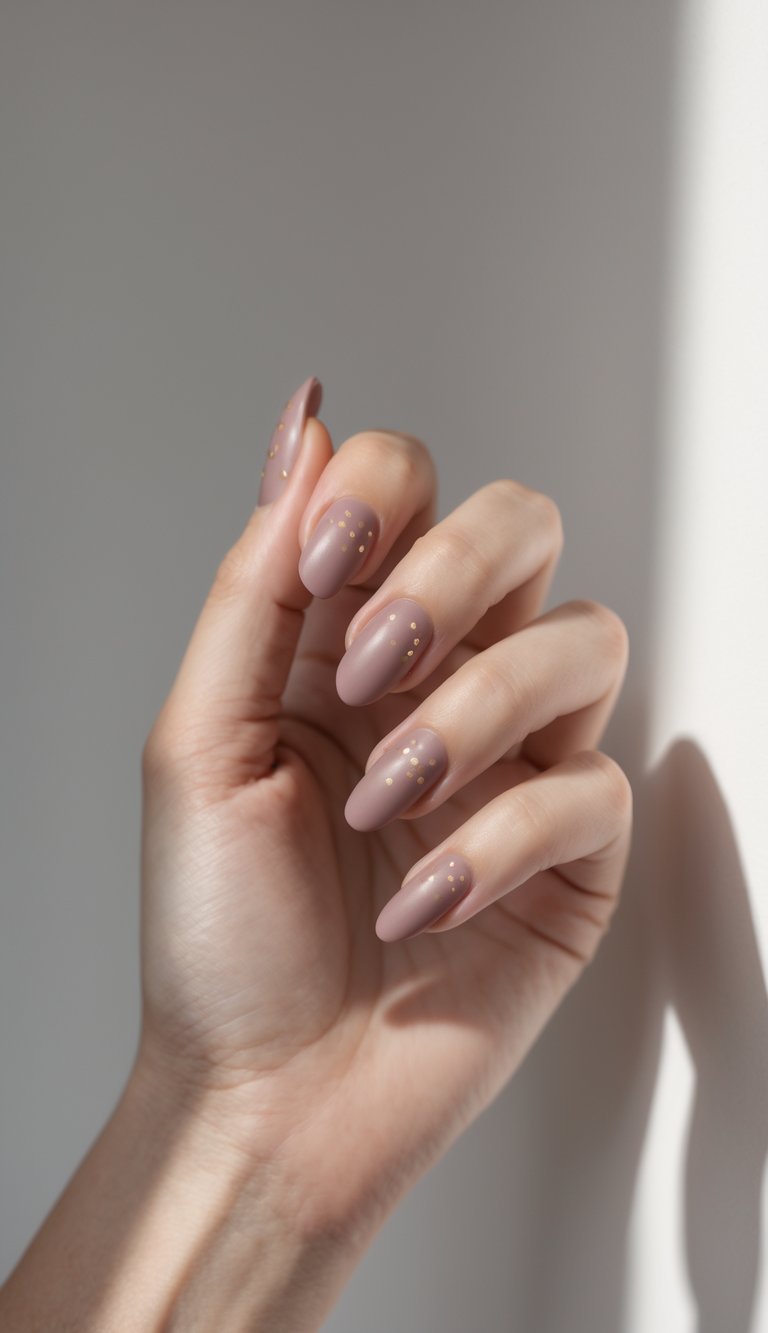 Soft anniversary nail art idea shown on almond-shaped taupe-mauve nails with delicate gold dots, delivering understated sophistication in natural light.