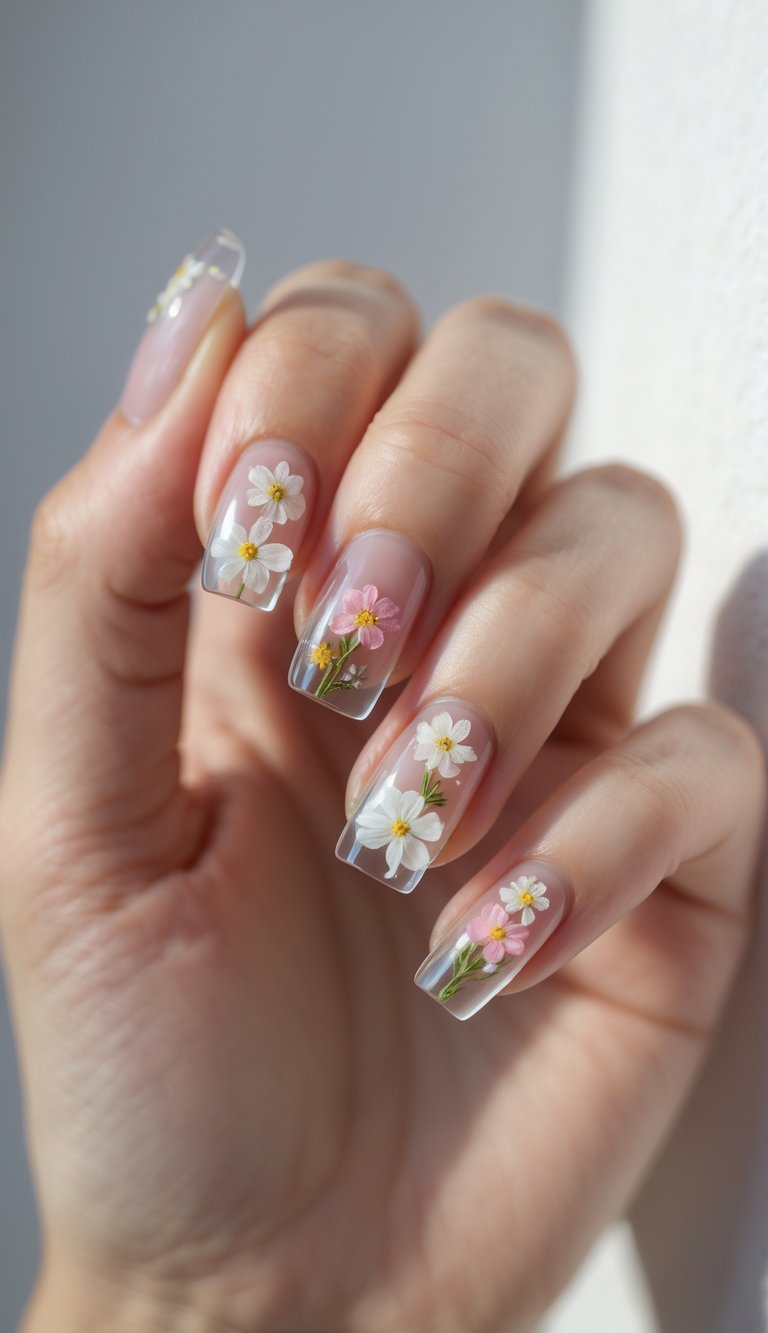 Artistic anniversary nail art idea with long, see-through nails showcasing dainty pink and white floral artwork, offering a botanical, airy look.