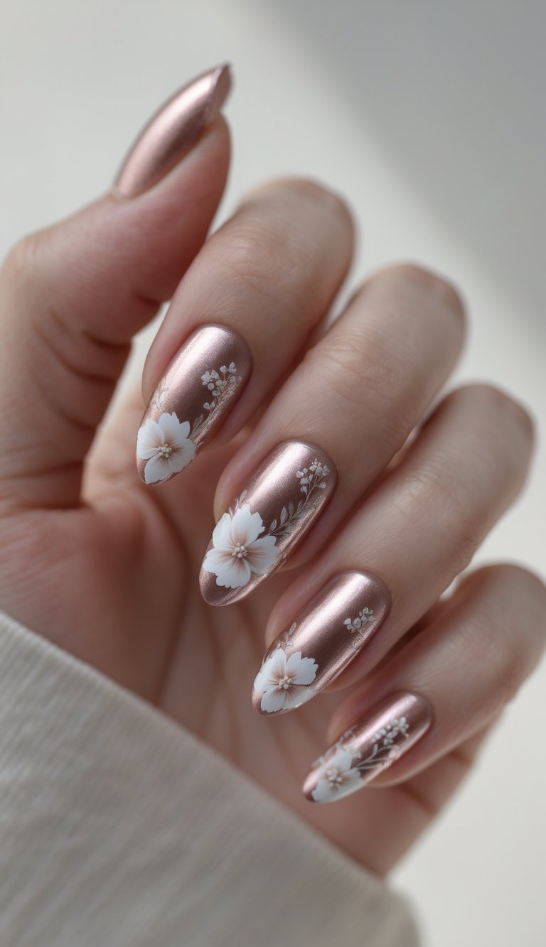 A romantic anniversary nail art idea featuring metallic rose gold nails adorned with white floral designs and subtle leafy details for a soft, radiant finish.