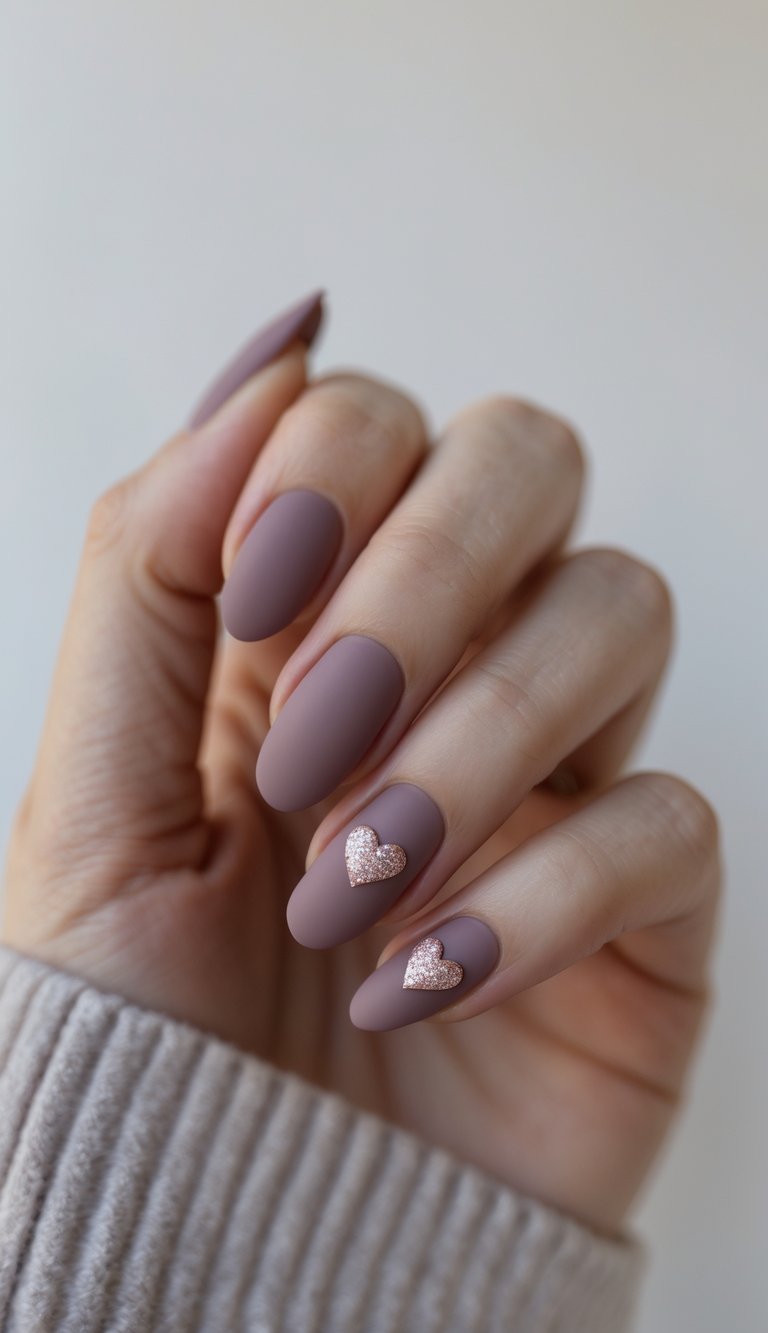 Minimal anniversary nail art idea showing almond-shaped matte plum nails adorned with small glitter rose gold hearts on two fingers for a luxurious finish.