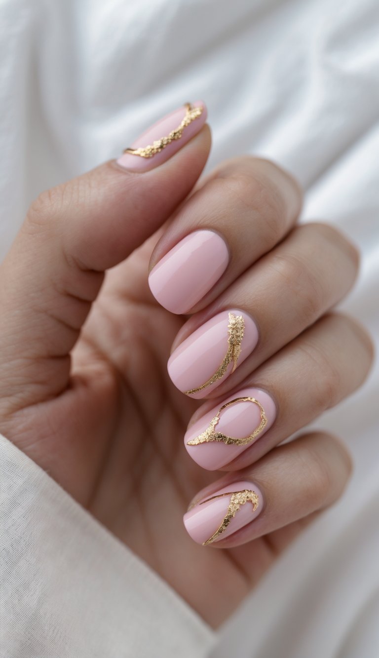 A sophisticated anniversary nail art idea with shiny pale pink nails accented by bold, organic-shaped gold foil designs for a modern, high-impact look.