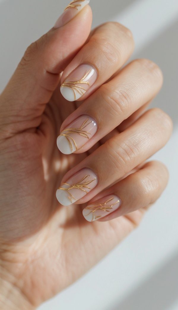 Close-up of a hand wearing nude nails with white sections and soft gold line art, creating an understated Graduation Nail Art Idea.
