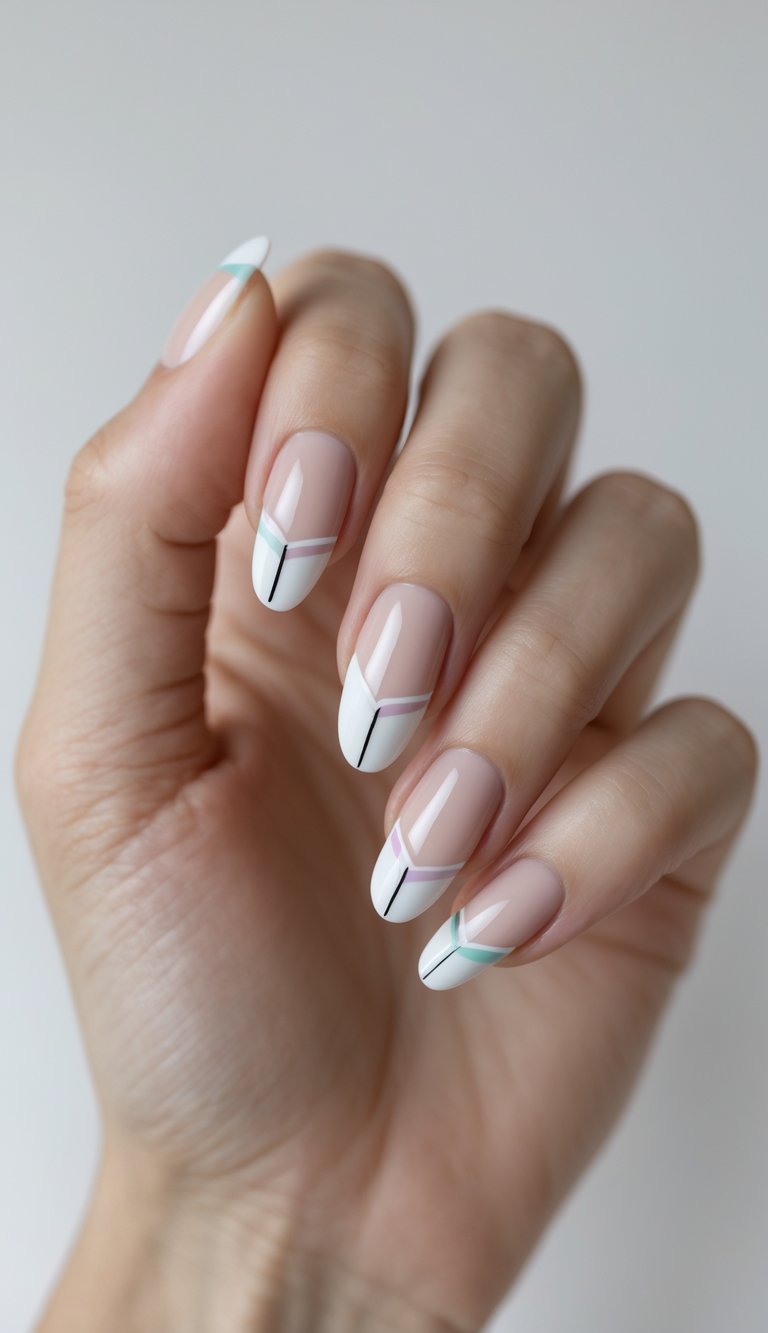 A close-up of a hand showing almond-shaped nails with white tips, mint and lilac diagonal stripes, and thin vertical black lines, a chic engagement nail art idea
