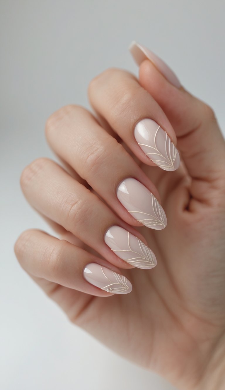 Angled hand with almond-shaped nails painted in nude blush, decorated with gold linear accents resembling threads, showcasing an elegant engagement nail art idea