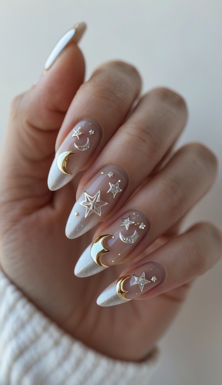 A hand with almond-shaped nails featuring white glitter ombré tips, gold crescent moons, and silver star embellishments—showcasing a dreamy engagement nail art idea.