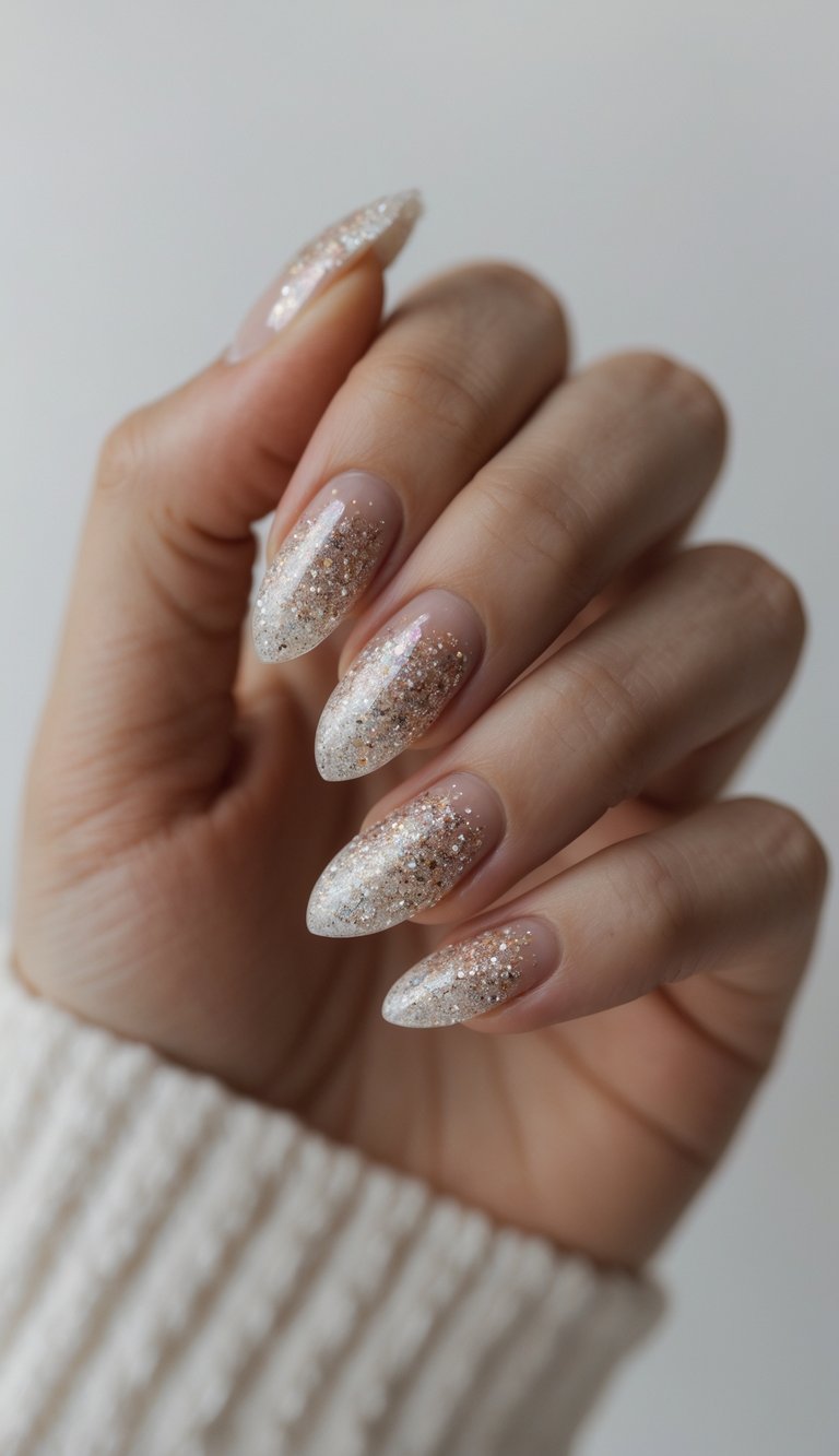 Up-close view of fingers with glitter ombré nails—nude to golden sparkles—showcasing a glamorous engagement nail art idea with radiant shimmer.