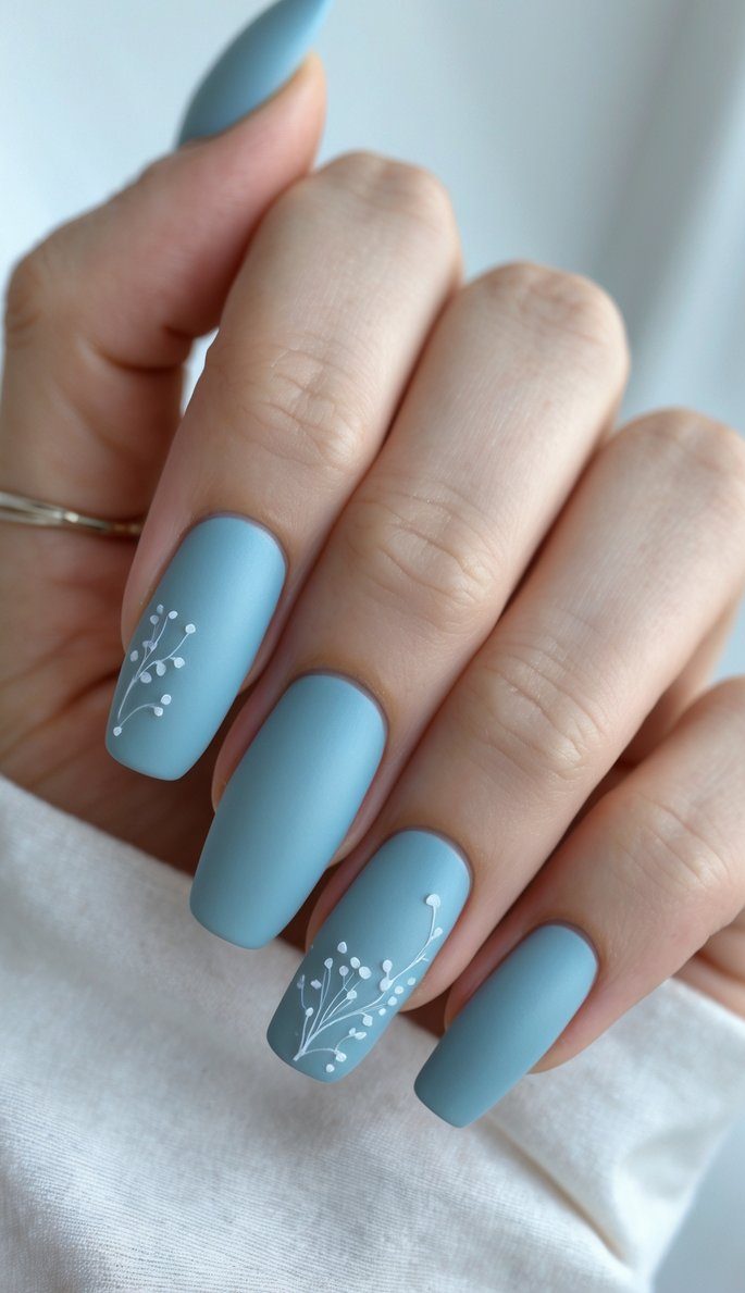 Softly lit hand with long square-shaped matte blue nails and minimalist white floral accents—showcasing a dreamy engagement nail art idea.