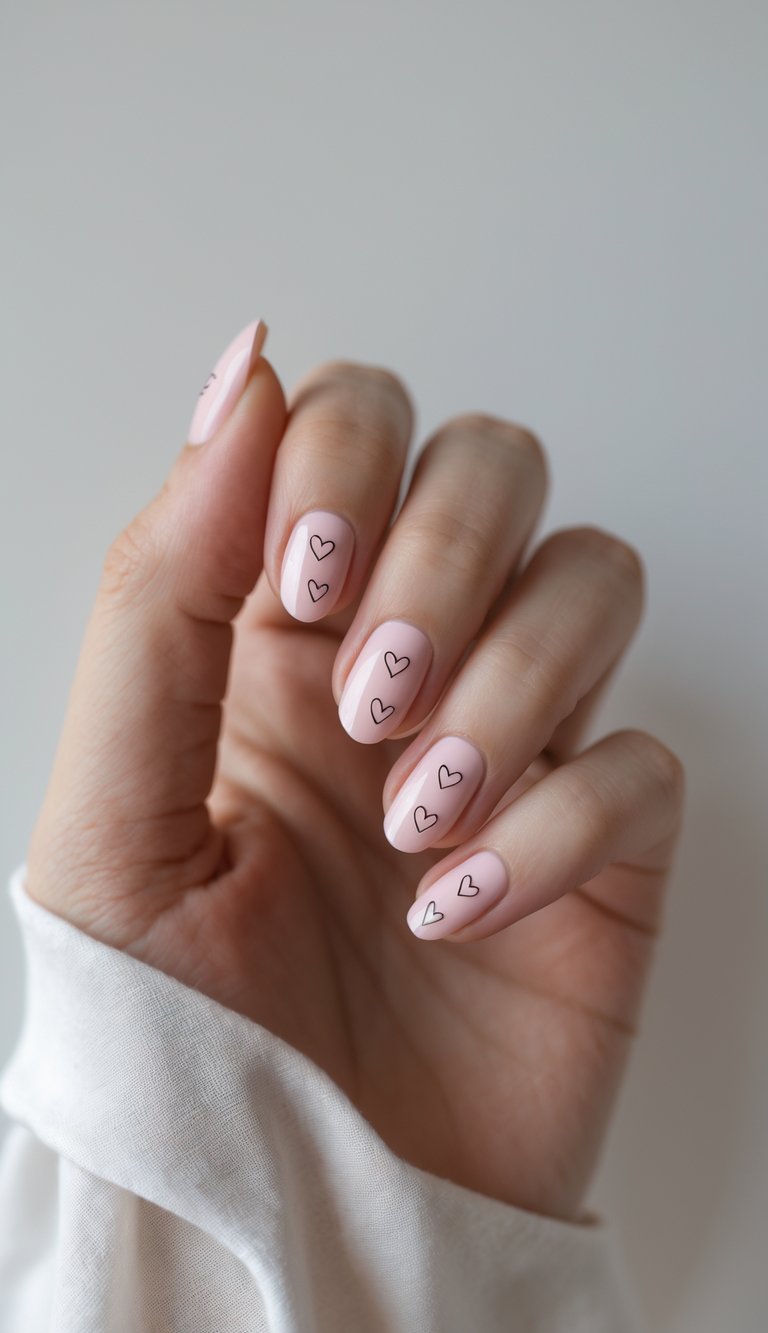 Delicate hand with baby pink nails decorated with thin black heart outlines, offering a minimal and romantic engagement nail art idea.