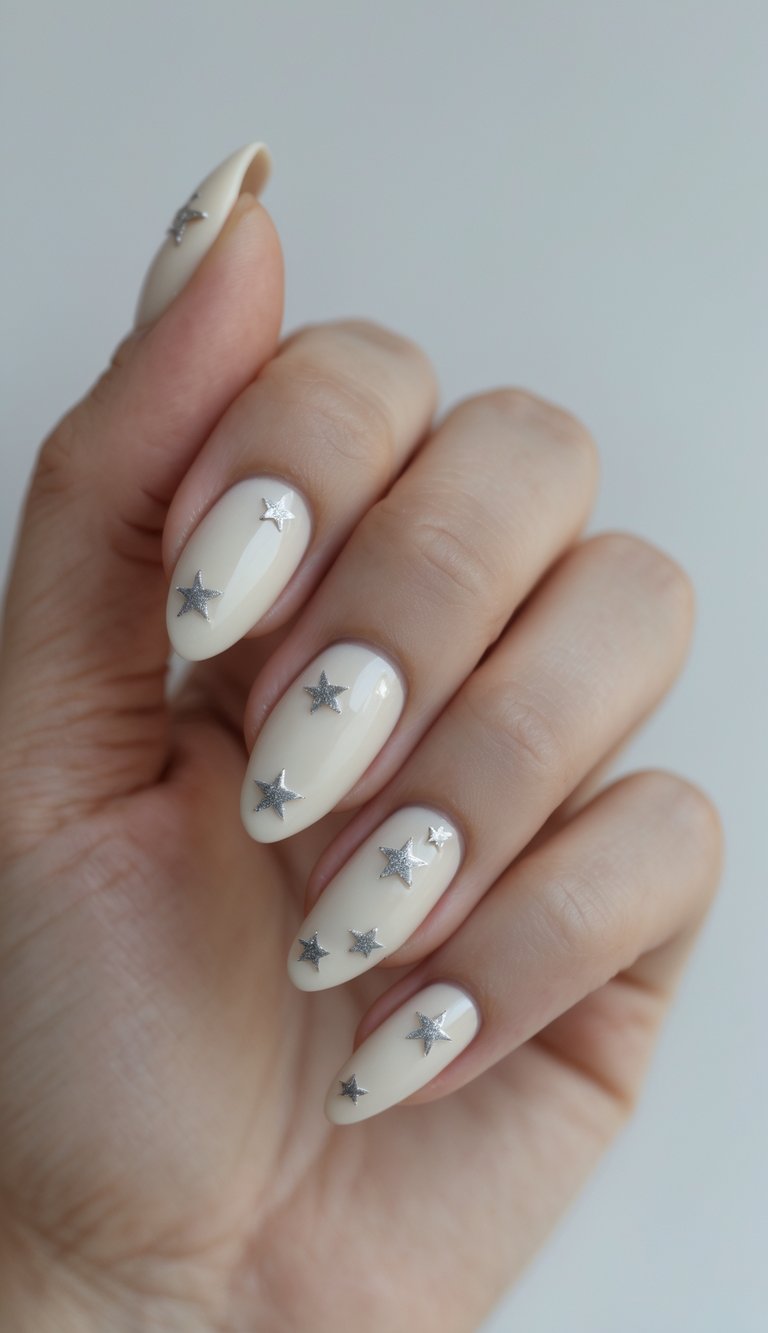 A hand with almond-shaped ivory nails decorated with metallic silver star decals, showing a dreamy engagement nail art idea with celestial accents.