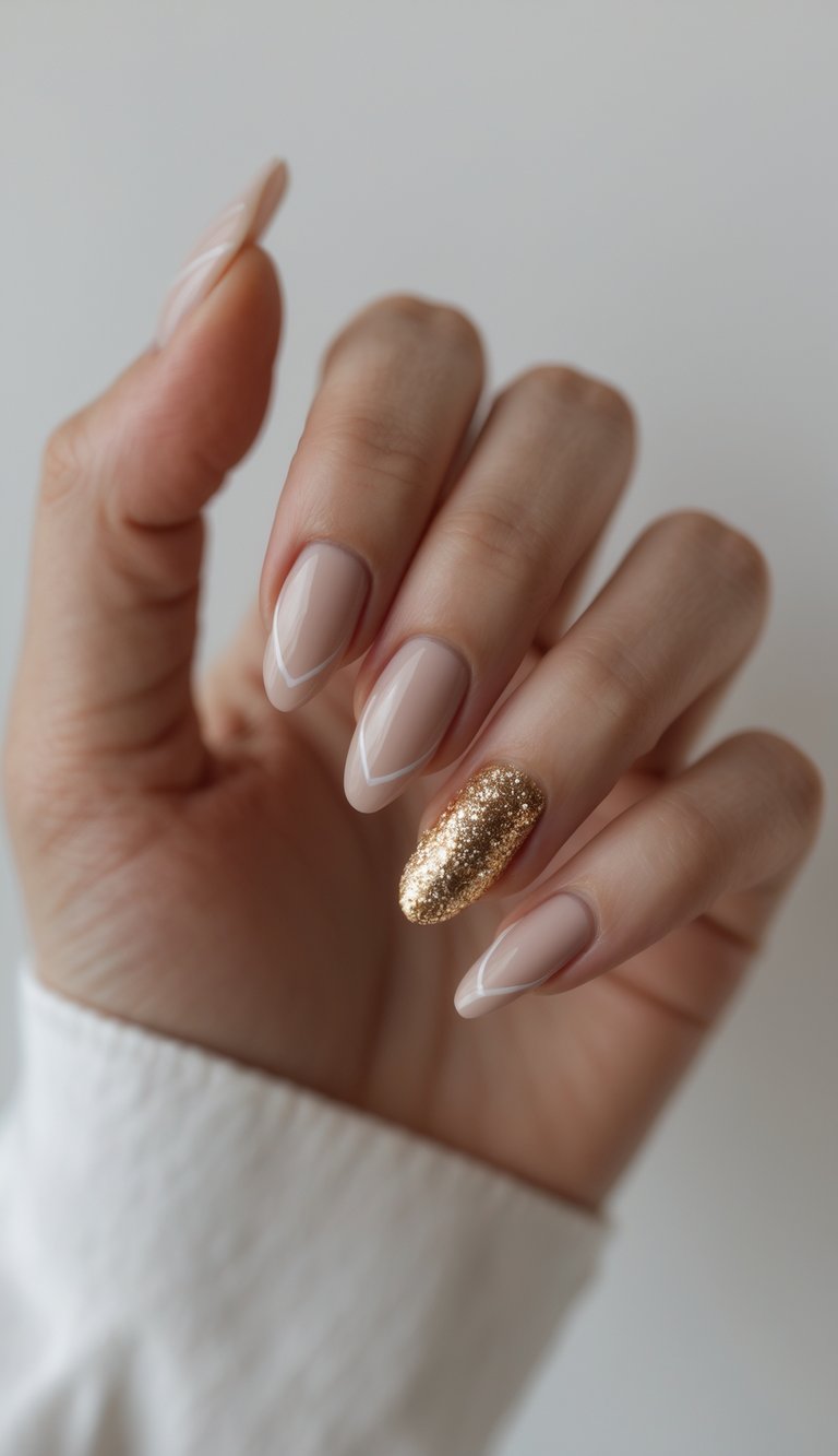 A softly curled hand showcases almond-shaped nude nails with white V-shaped French tips, while the ring finger gleams in chunky, golden glitter for a glam engagement nail art idea.